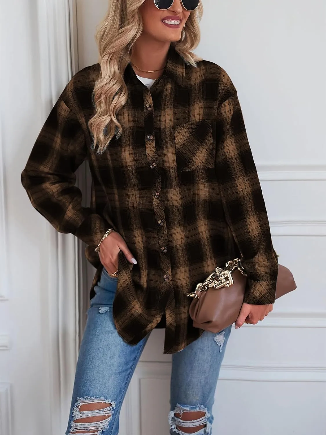 Womens Button Down Flannel Shirts Long Sleeve Plaid Shackets Business Casual Blouse Top