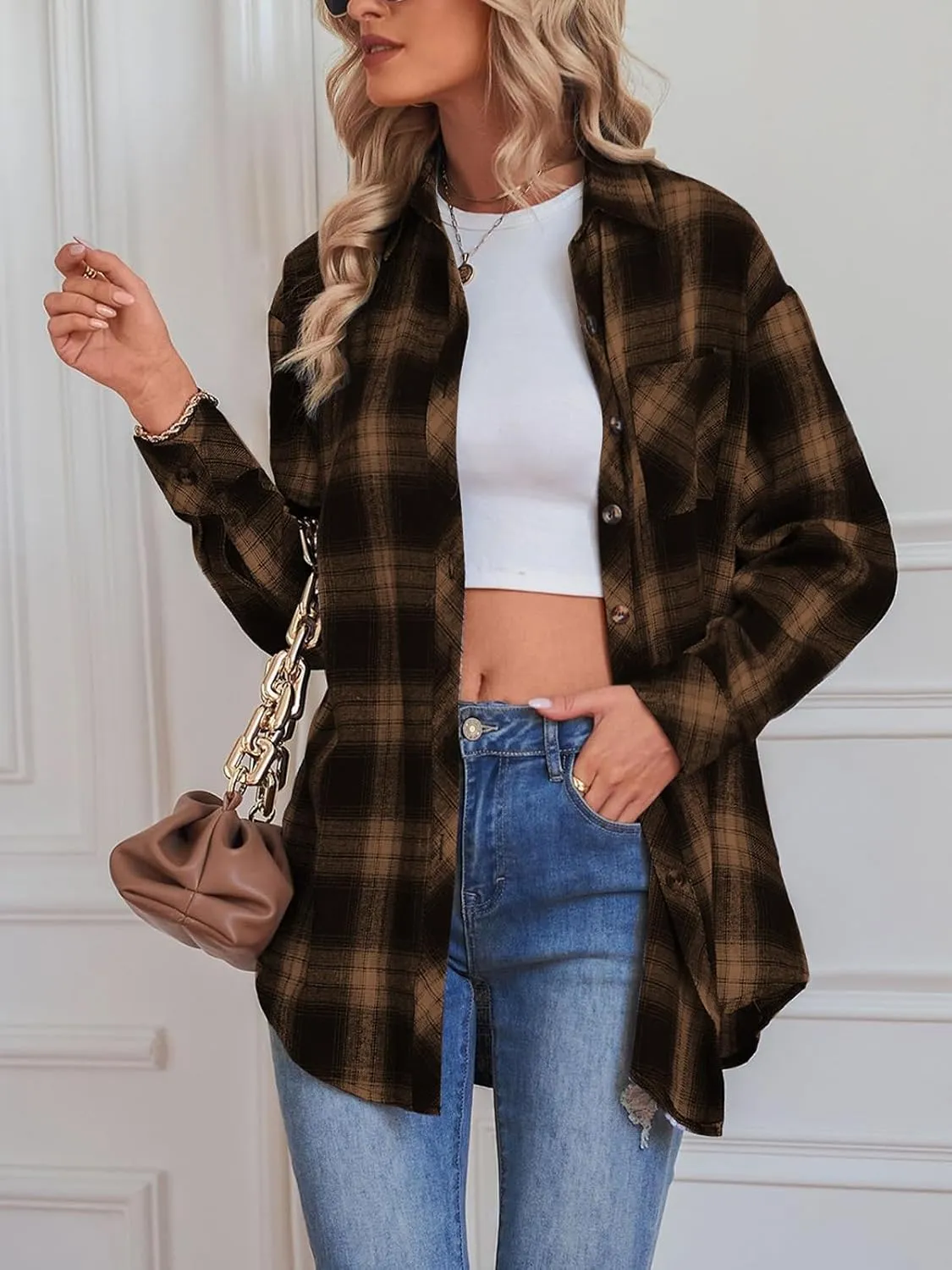 Womens Button Down Flannel Shirts Long Sleeve Plaid Shackets Business Casual Blouse Top