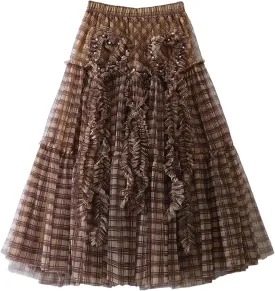 Women's French Pleated Mesh Skirt, Elastic Waist Spring A-Line