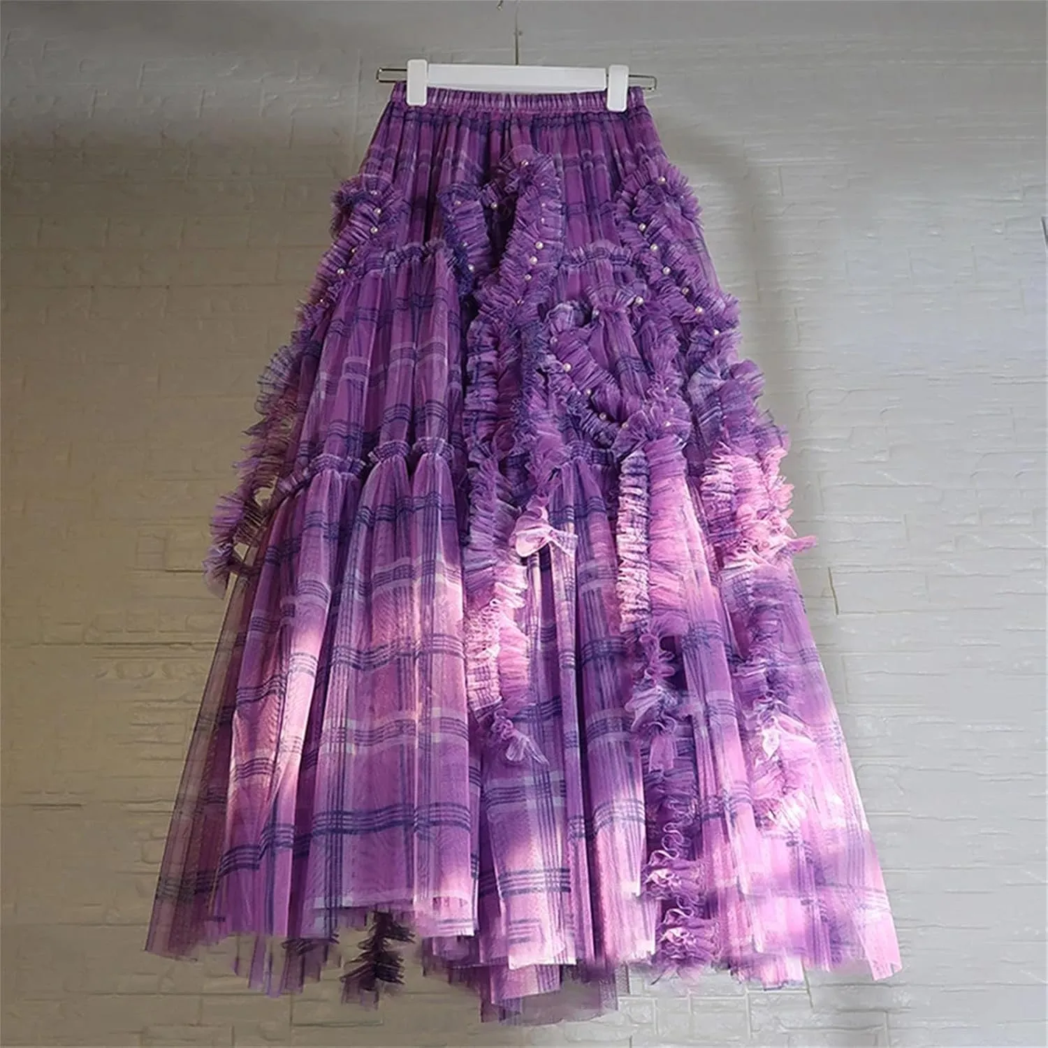Women's French Pleated Mesh Skirt, Elastic Waist Spring A-Line