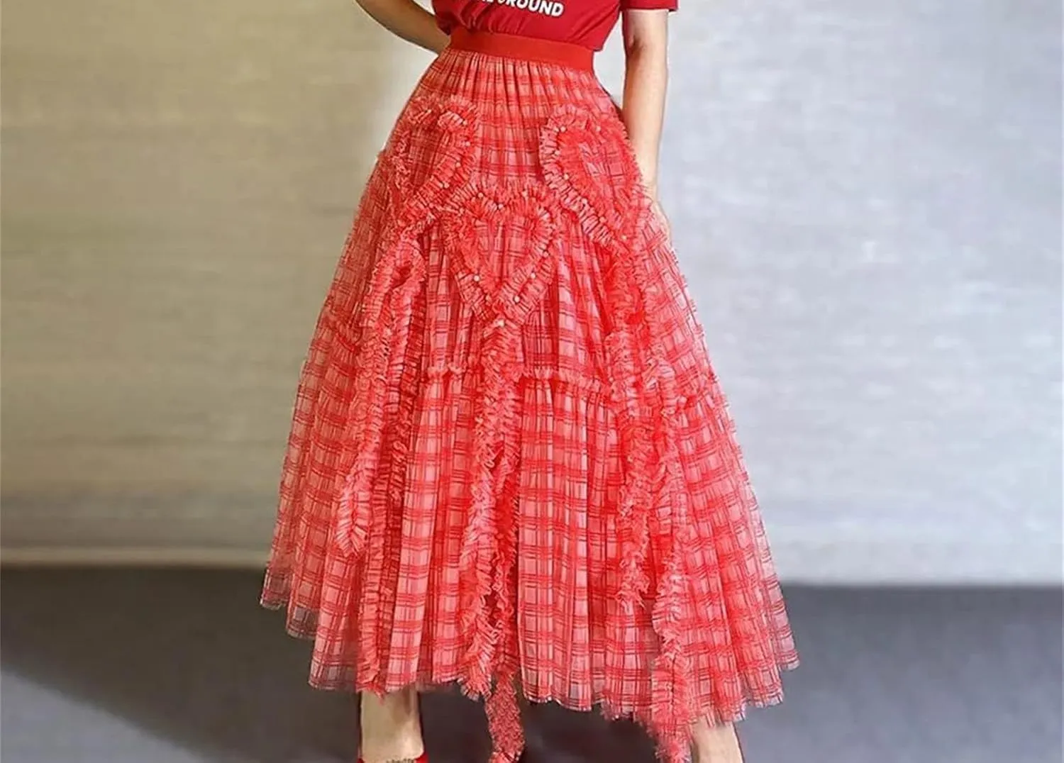 Women's French Pleated Mesh Skirt, Elastic Waist Spring A-Line