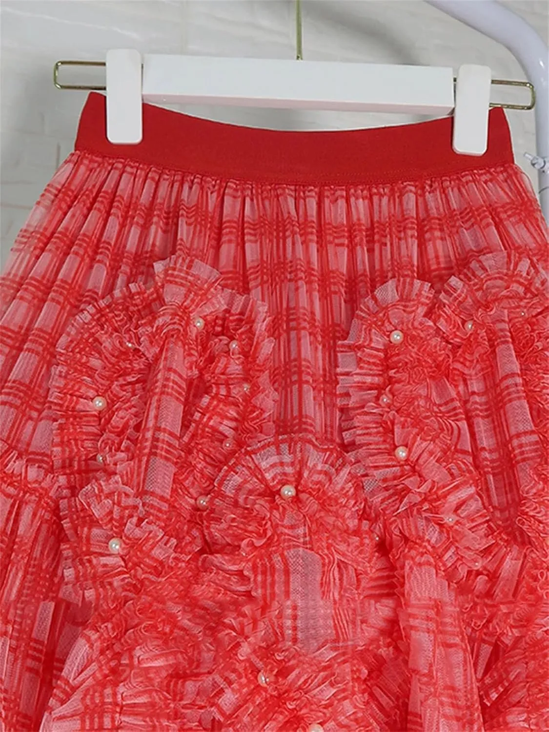 Women's French Pleated Mesh Skirt, Elastic Waist Spring A-Line