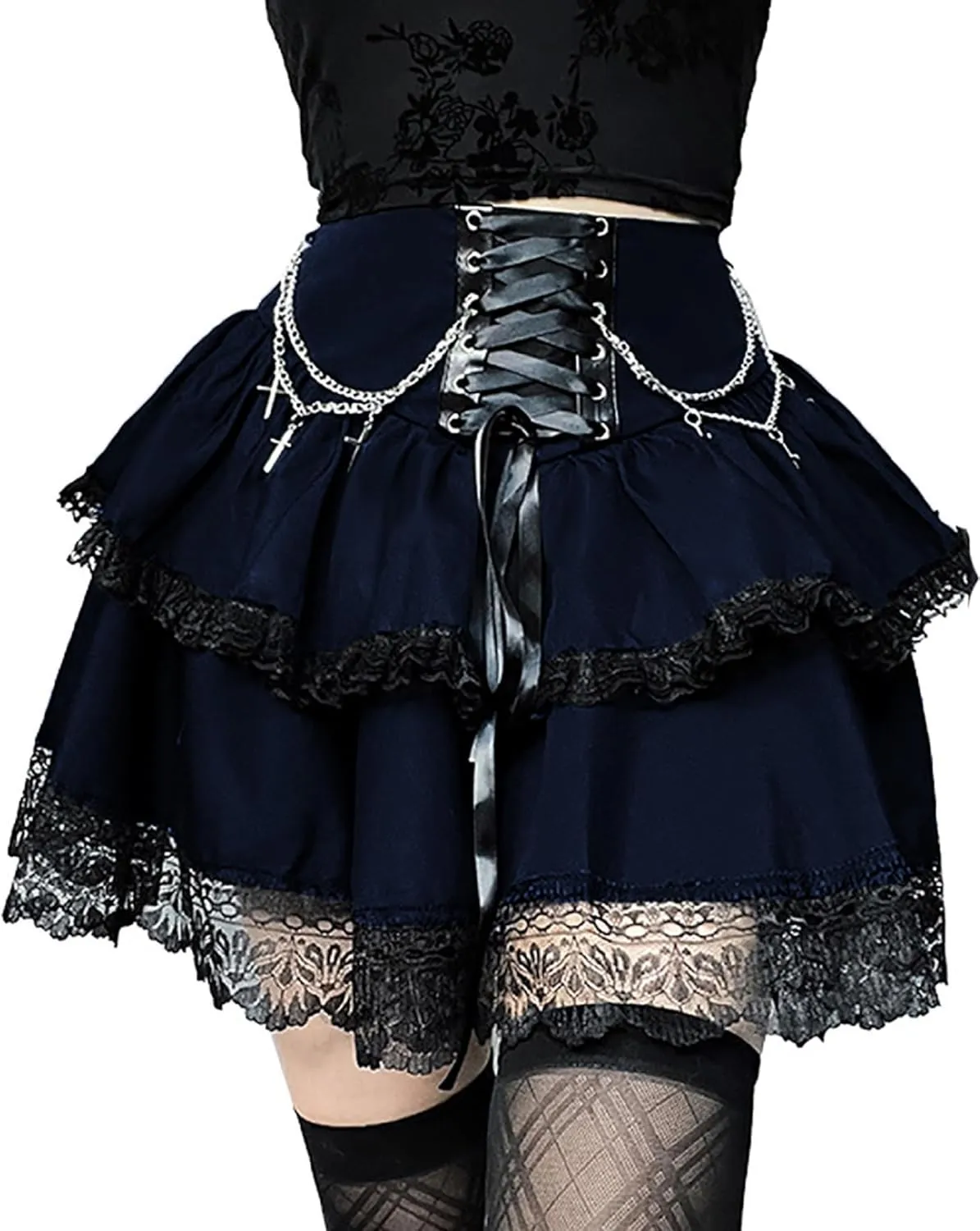 Womens Mini Gothic Skirt Tie Waist Lace Up Double Layered Ruffles Y2k Punk Emo Skirt with Chain