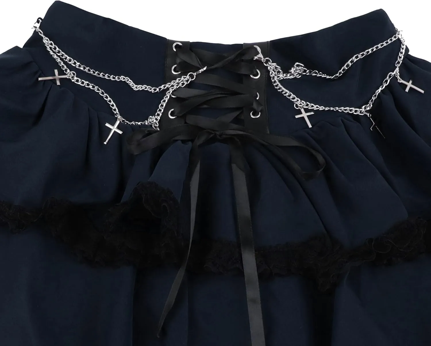Womens Mini Gothic Skirt Tie Waist Lace Up Double Layered Ruffles Y2k Punk Emo Skirt with Chain