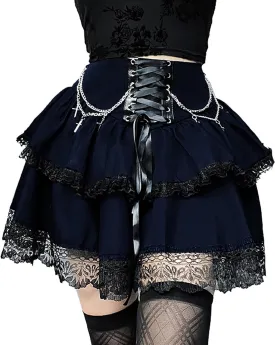 Womens Mini Gothic Skirt Tie Waist Lace Up Double Layered Ruffles Y2k Punk Emo Skirt with Chain