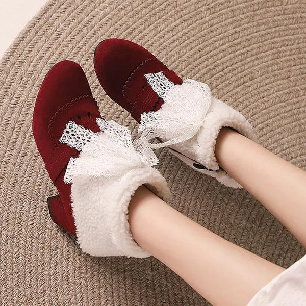 Women's Retro Lace Bow Cotton Lined Block Heel Boots 86052047S