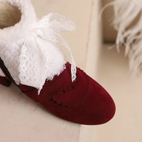 Women's Retro Lace Bow Cotton Lined Block Heel Boots 86052047S