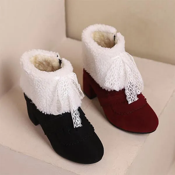 Women's Retro Lace Bow Cotton Lined Block Heel Boots 86052047S
