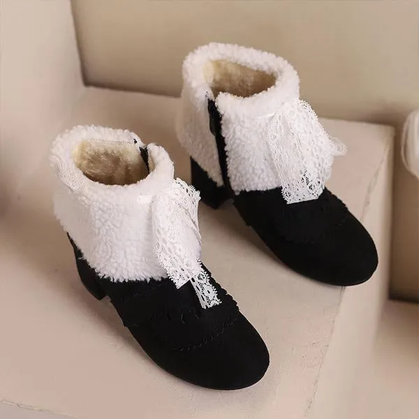 Women's Retro Lace Bow Cotton Lined Block Heel Boots 86052047S
