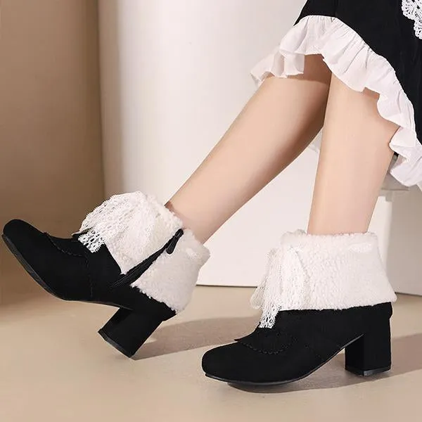 Women's Retro Lace Bow Cotton Lined Block Heel Boots 86052047S