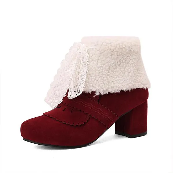 Women's Retro Lace Bow Cotton Lined Block Heel Boots 86052047S