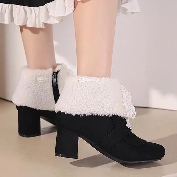 Women's Retro Lace Bow Cotton Lined Block Heel Boots 86052047S