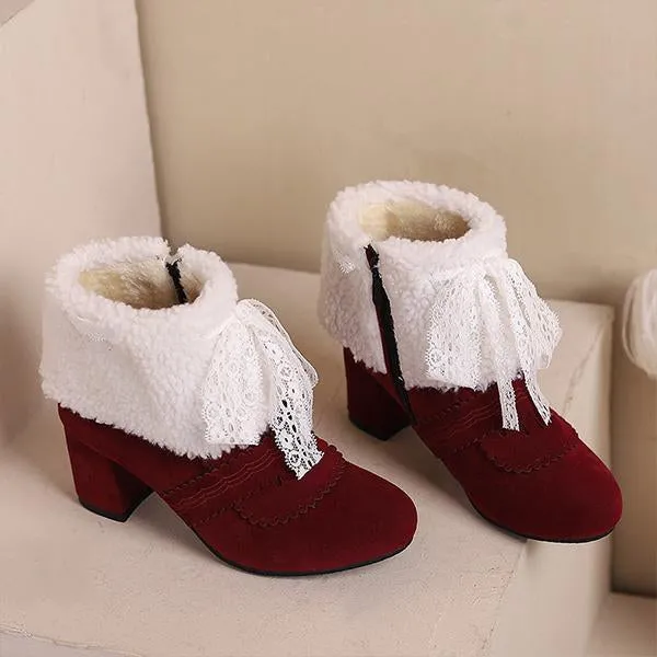Women's Retro Lace Bow Cotton Lined Block Heel Boots 86052047S
