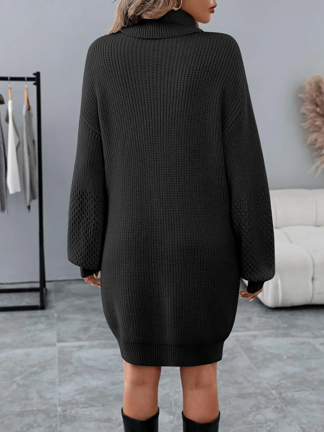 Women's Turtleneck Textured Lantern Sleeve Ribbed Knit Mini Dress Pullover Oversized Sweater Dresses S-XL
