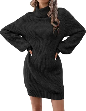 Women's Turtleneck Textured Lantern Sleeve Ribbed Knit Mini Dress Pullover Oversized Sweater Dresses S-XL