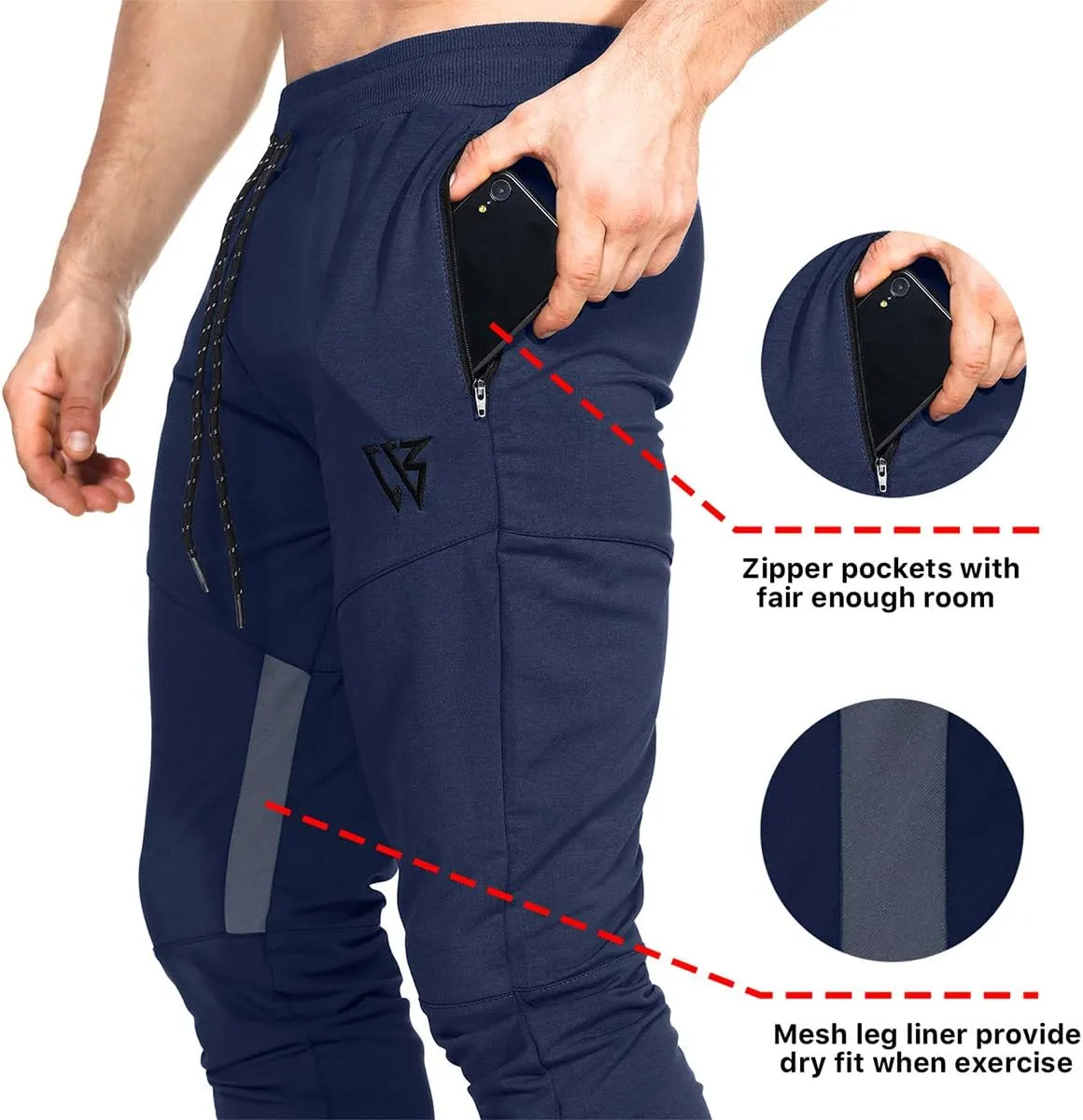 ZENWILL Mens Tapered Workout Running Pants,Gym Jogger Training Sweatpants Slim Fit with Zip Pockets