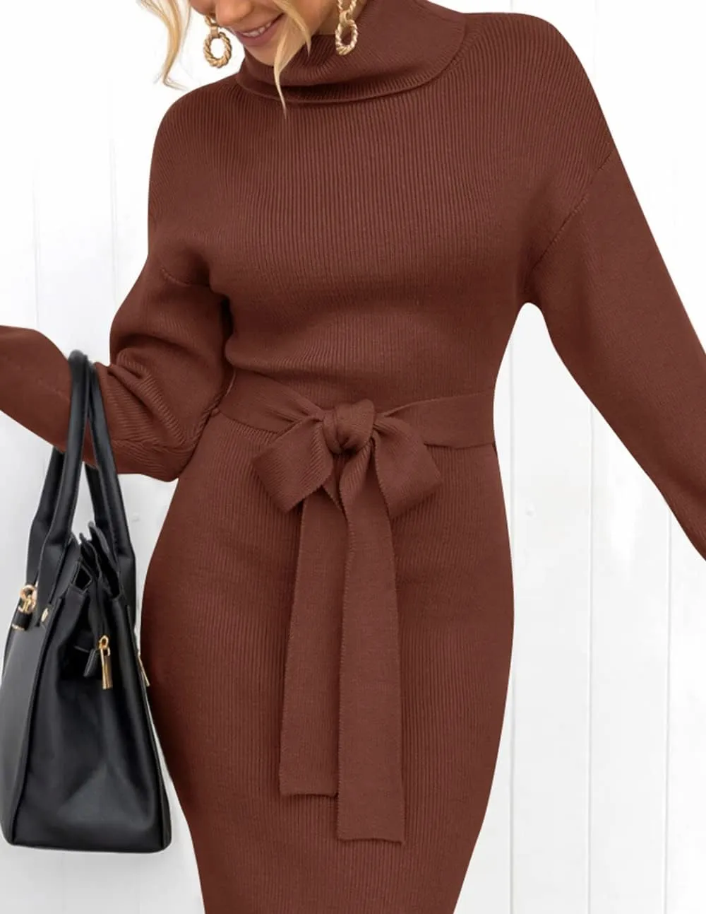ZESICA Women's Turtleneck Sweater Midi Dress Long Sleeve Ribbed Knit Bodycon Slit Dress with Belt