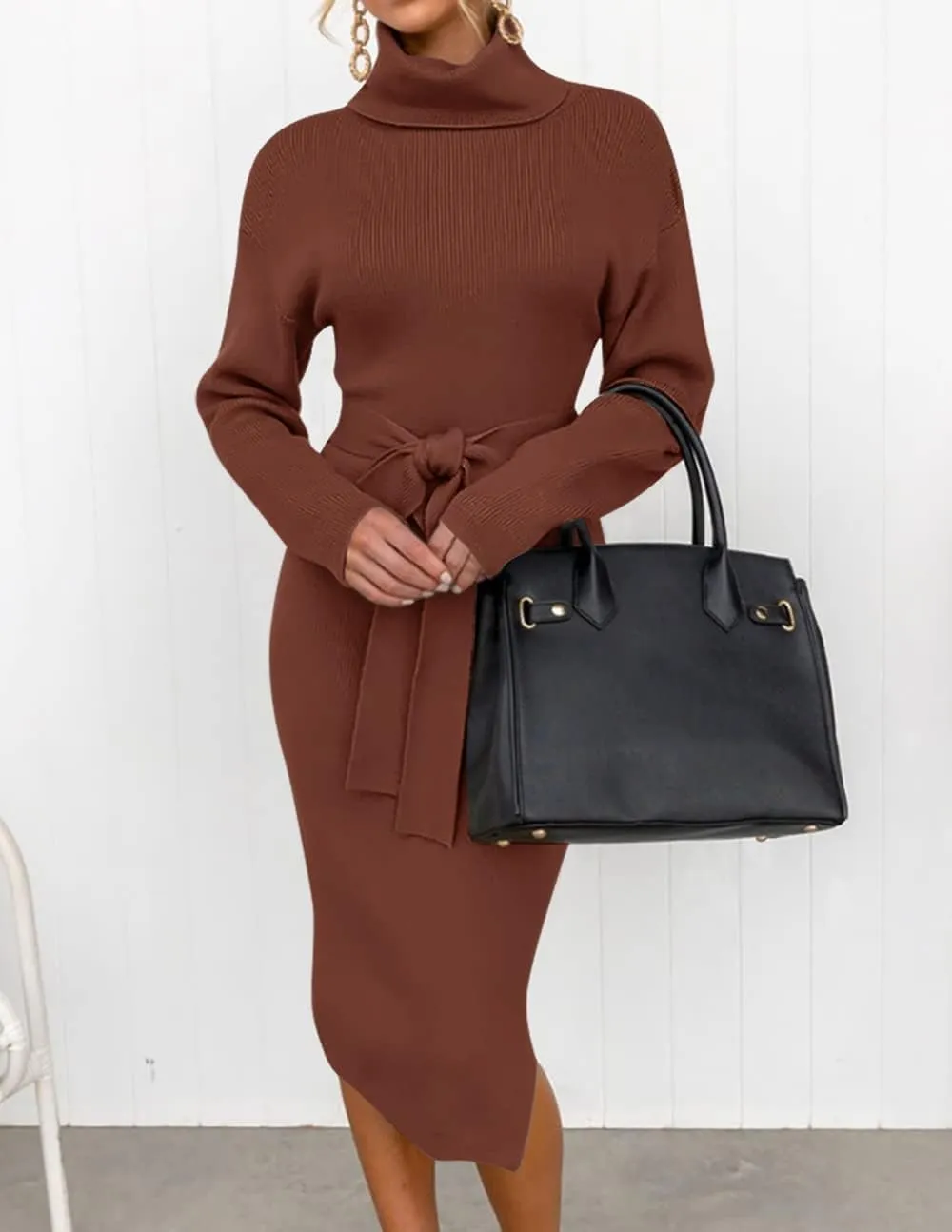 ZESICA Women's Turtleneck Sweater Midi Dress Long Sleeve Ribbed Knit Bodycon Slit Dress with Belt