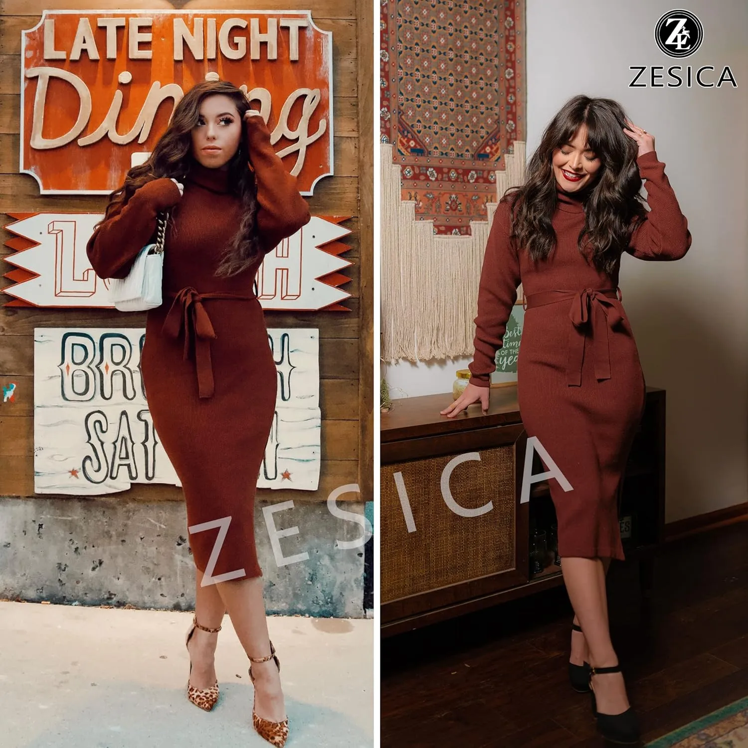 ZESICA Women's Turtleneck Sweater Midi Dress Long Sleeve Ribbed Knit Bodycon Slit Dress with Belt