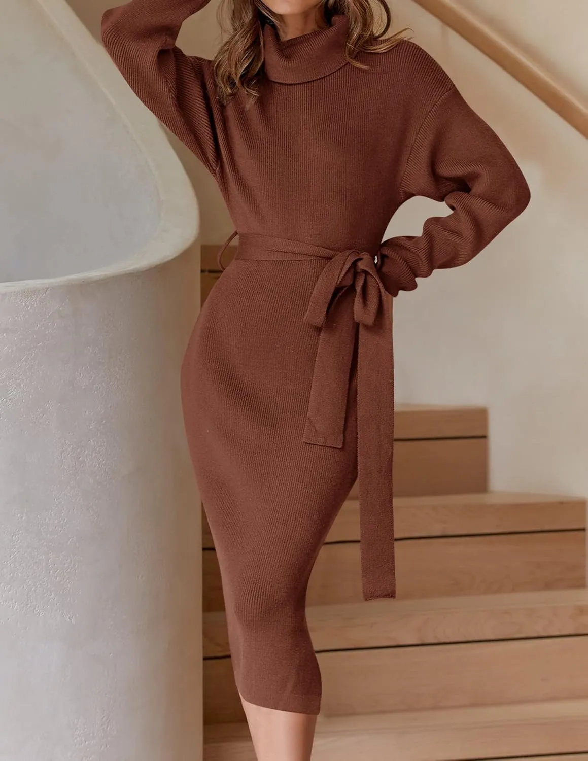 ZESICA Women's Turtleneck Sweater Midi Dress Long Sleeve Ribbed Knit Bodycon Slit Dress with Belt