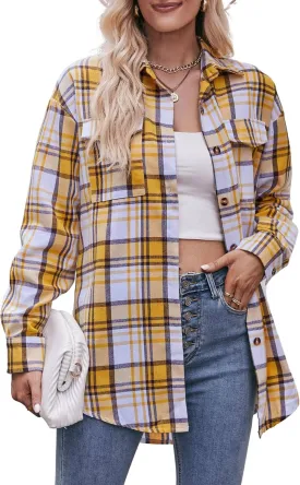 ZILIN Oversized Womens Flannel Plaid Shirts Long Sleeve Button Down Shirt Casual Work Tops