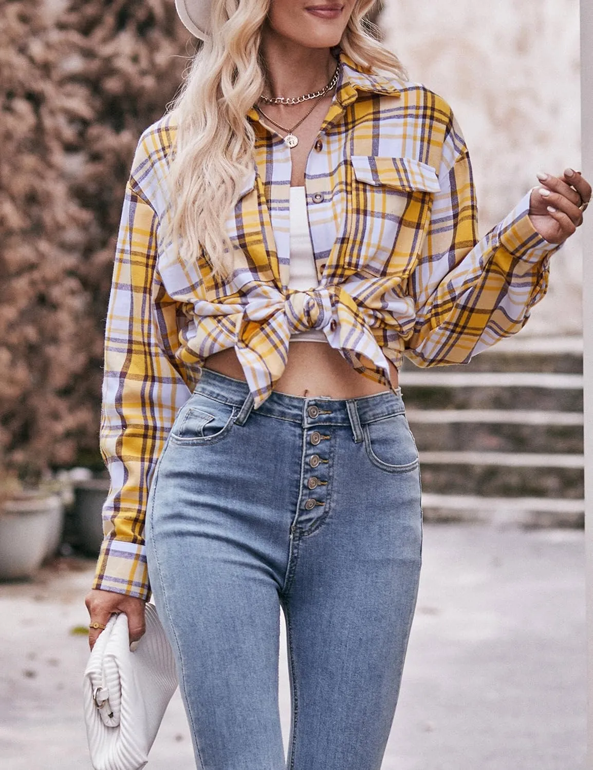 ZILIN Oversized Womens Flannel Plaid Shirts Long Sleeve Button Down Shirt Casual Work Tops