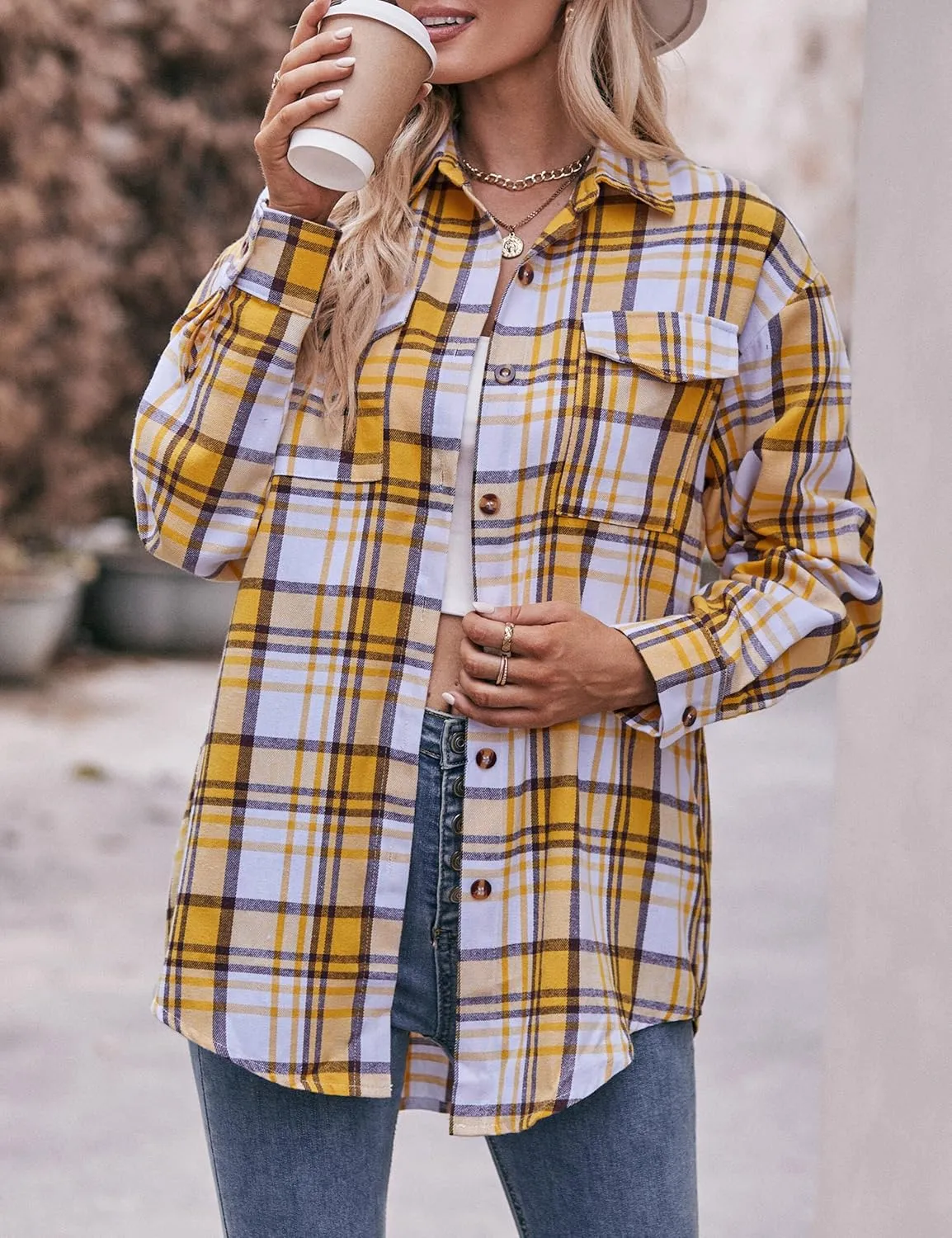 ZILIN Oversized Womens Flannel Plaid Shirts Long Sleeve Button Down Shirt Casual Work Tops